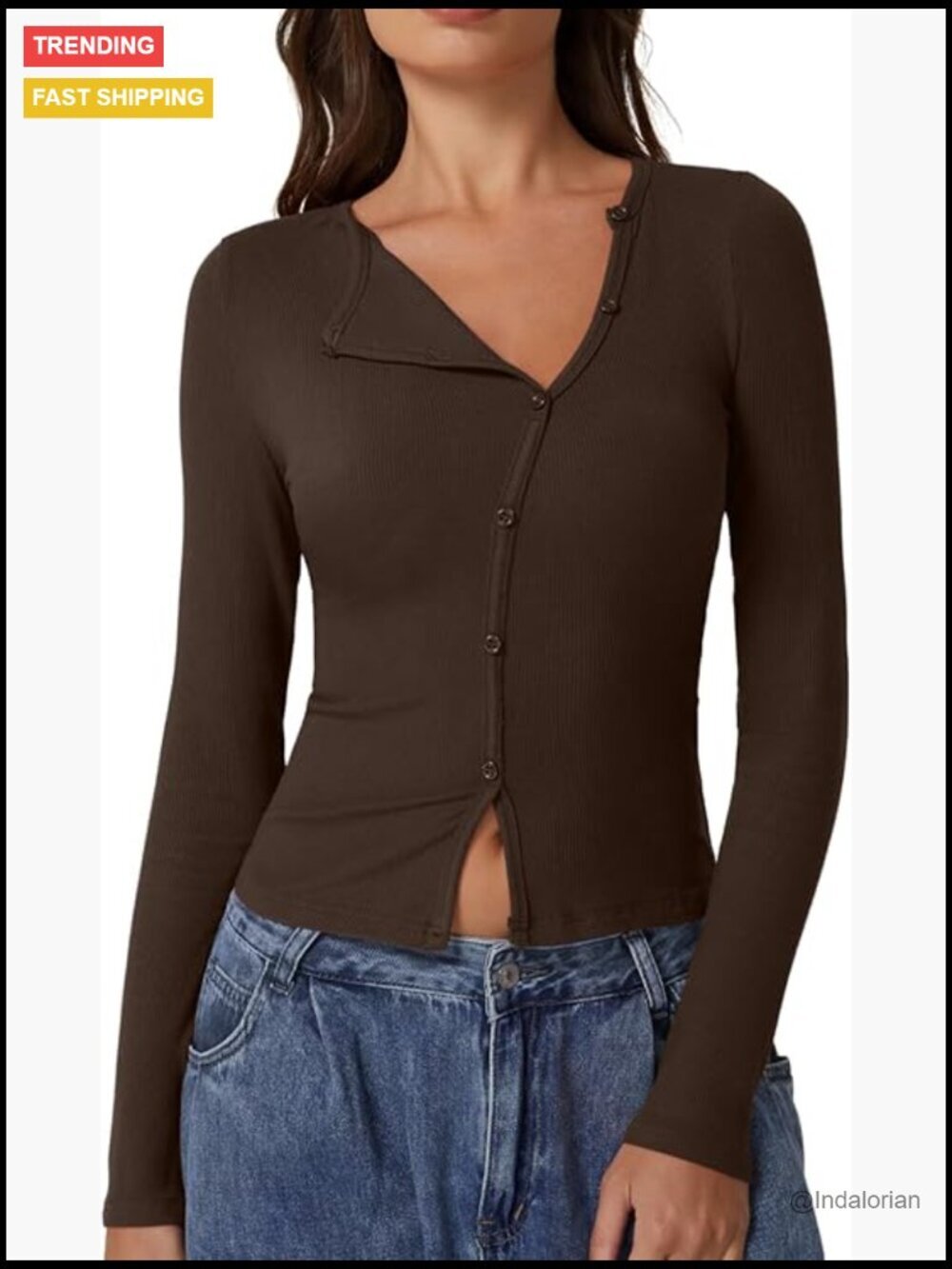 Long Sleeve Ribbed Crewneck Top with Button Fastening Going Out Tops